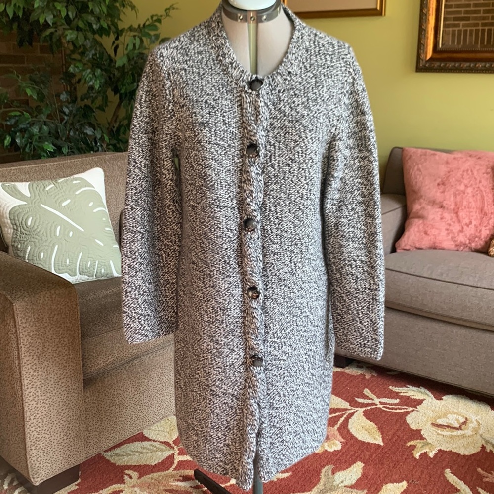 Talbots black and white knitted lambs wool, angora and cashmere long sweater